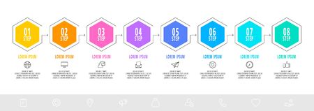 Hexagon infographic design template with 8 options and arrows. Vector line business concept. Can be used for diagram,, web, banner, workflow layout,, flow chart, info graph, timeline, content, levels.のイラスト素材