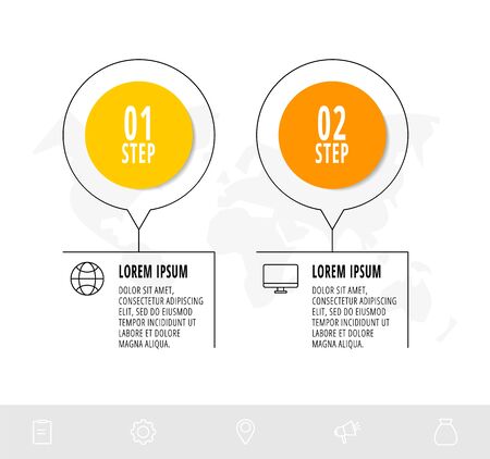 Infographic circles with 2 steps, arrows. Line vector template. Can be used for diagram, business, web, banner, workflow layout, presentations, flow chart, info graph, timeline, content, levels.のイラスト素材