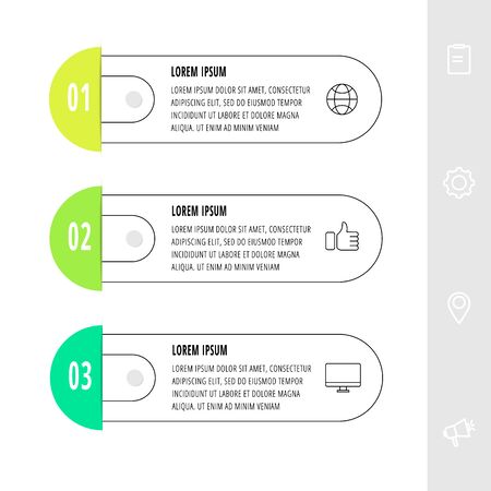 Vector infographics design template with 3 labels and icons. Vector line concept. Can be used for diagram, business, web, banner, workflow layout, presentations, flow chart, info graph, contentのイラスト素材