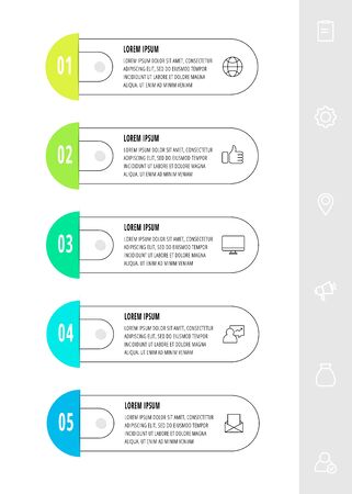 Vector infographics design template with 5 labels and icons. Vector line concept. Can be used for diagram, business, web, banner, workflow layout, presentations, content, levels. Data visualization.のイラスト素材