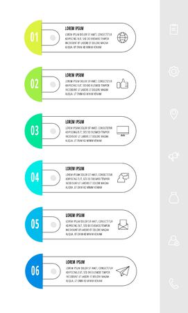 Vector infographics design template with six labels and icons. Vector line concept. Can be used for workflow layout, presentations, flow chart, info graph, content, levels. Data visualization.のイラスト素材
