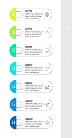 Vector infographics design template with 7 labels and icons. Vector line concept. Can be used for diagram, business, web, banner, workflow layout, presentations, flow chart, info graph, timelineのイラスト素材