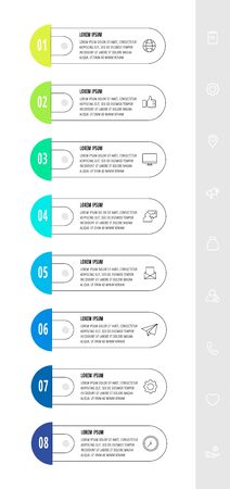 Vector infographics design template with 8 labels and icons. Vector line concept. Can be used for diagram, web, banner, presentations, flow chart, info graph, timeline, content, levels.のイラスト素材