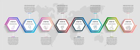Vector business infographics. Timeline modern with 8 hexagons. Modern design for flowchart, timeline, web, graph, presentationのイラスト素材