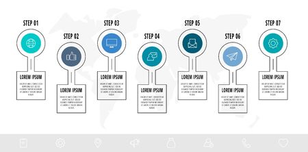 Infographic circles with 7 steps, labels. Line vector template. Can be used for business, web, banner, workflow layout, presentations, flow chart, info graph, timeline, levels.のイラスト素材