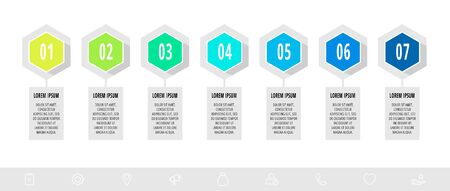 Hexagon infographic design template with 7 options and arrows. Vector business concept. Can be used for diagram, web, banner, presentations, flow chart, info graph, timeline, content, levels.のイラスト素材