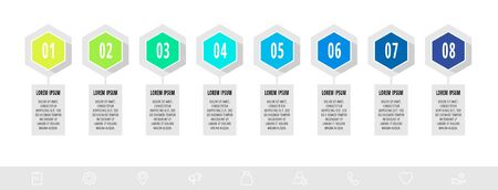 Hexagon infographic design template with 8 options and arrows. Vector business concept. Can be used for diagram, web, banner, workflow layout,, flow chart, info graph, timeline, content, levels.のイラスト素材