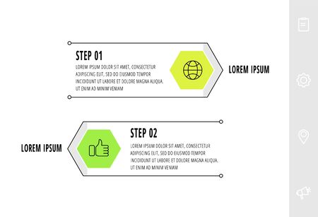 Hexagon infographic design template with 2 options and icons. Vector line concept. Can be used for web, banner, workflow layout, presentations, flow chart, info graph, timeline, content.のイラスト素材