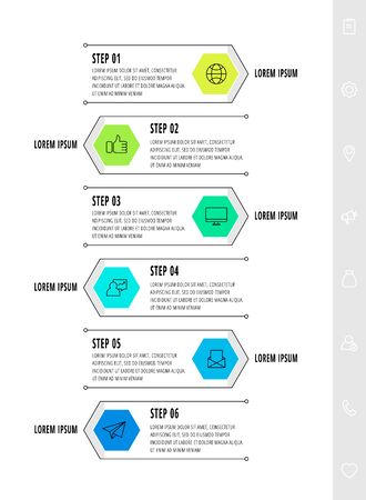 Hexagon infographic design template with 6 options and arrows. Vector business line concept. Can be used for diagram, web, banner, workflow layout, presentation, info graph, timeline, content, levels.のイラスト素材
