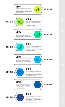 Hexagon infographic design template with 8 options and arrows. Vector business line concept. Can be used for diagram, web, banner, workflow layout,, flow chart, info graph, timeline, content, levels.のイラスト素材