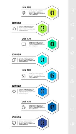 Hexagon infographic design template with 8 options and arrows. Vector business line concept. Can be used for diagram, web, banner, workflow layout,, flow chart, info graph, timeline, content, levels.のイラスト素材
