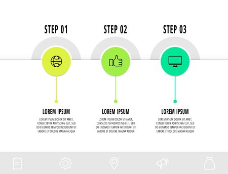 Infographics circular with 3 steps, parts, icons. Flat vector template. Can be used for diagram, business, web, banner, workflow layout, presentations, flow chart, info graph, timeline, levels.のイラスト素材