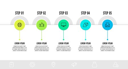 Infographics circular with five steps, parts, icons. Flat vector template. Can be used for diagram, business, web, banner, presentations, flow chart, info graph, timeline, content, levels.のイラスト素材
