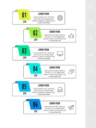 Vector infographics design template with icons. Six steps. Modern line concept can be used for business, web, banner, workflow layout, presentations, flow chart, content, levels. Data visualization.のイラスト素材