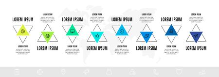 Vector infographics design template with triangle. Eight steps. Abstract modern line concept can be used for diagram, business, web, banner, presentations, info graph, timeline, content, levelsのイラスト素材