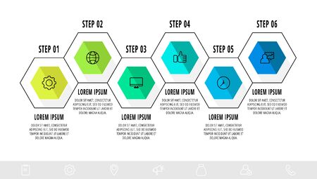 Vector business infographics. Timeline modern with six hexagons. Used for web design, marketing advertising, workflow layout, annual report, presentationのイラスト素材