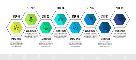 Vector business infographics. Timeline modern with 8 hexagons. Modern design for flowchart, timeline, web, graph, presentationのイラスト素材
