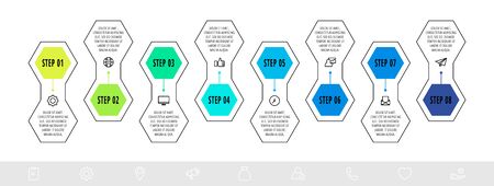 Hexagon infographic design template with 8 options and arrows. Vector business line concept. Can be used for diagram, web, banner, workflow layout,, flow chart, info graph, timeline, content, levels.のイラスト素材
