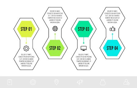 Hexagon infographic design template with 4 options and icons. Vector business line concept. Can be used for diagram, web, banner, workflow layout, presentations, flow chart, content, levels.のイラスト素材