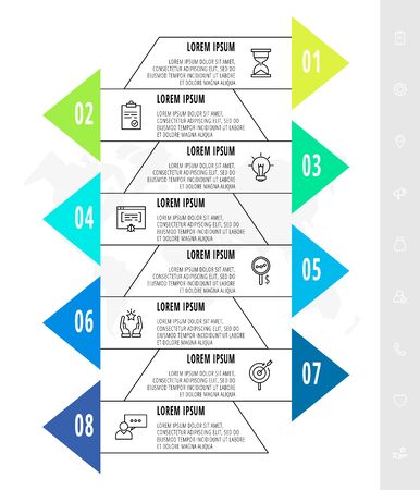 Infographics with 8 elements with arrows. Vector concept of eight sbusiness options to choose from. Modern design for flowchart, timeline, web, graph, presentation.のイラスト素材
