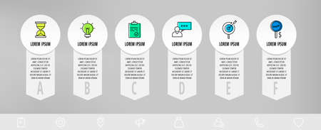 Infographics with 6 circles and arrows. Modern vector template. Can be used for six diagrams, business, web, banner, presentations, flowchart, info graph, timeline, content, levels, chartのイラスト素材