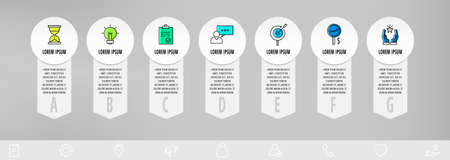 Infographics with 7 circles and arrows. Modern vector template. Can be used for seven business, web, banner, workflow layout, presentations, flowchart, content, levels, chart. Data visualization.のイラスト素材