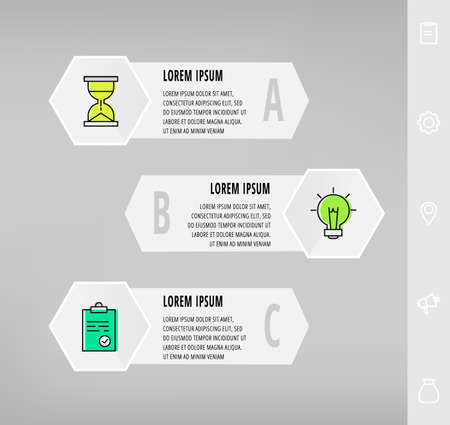 Infographics with 3 hexagons, arrows. Modern vector template. Can be used for three diagrams, business, web, banner, info graph, timeline, content, chart, processes diagram. Data visualization.のイラスト素材