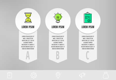 Infographics with 3 circles and arrows. Modern vector template. Can be used for three diagrams, web, banner, workflow layout, presentations, flowchart, chart, processes diagram. Data visualization.のイラスト素材