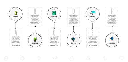 Infographics circles with 6 steps, icons. Flat line vector template. Can be used for six diagrams, business, web, flowchart, info graph, timeline, content, levels, chart. Data visualization.のイラスト素材