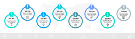 Infographics circles with 8 steps, icons. Flat line vector template. Can be used for eight diagrams, business, web, banner, workflow layout, presentations, flowchart, info graph, timeline, contentのイラスト素材