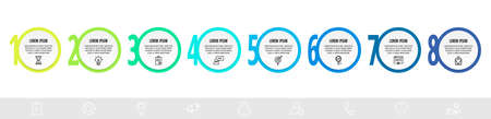 Infographics circles with 8 steps, icons. Flat line vector template. Can be used for eight diagrams, business, web, banner, workflow layout, presentations, flowchart, info graph, timeline, contentのイラスト素材