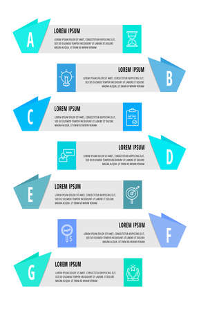 Vector infographics with 7 steps, labels. Used for diagram, business, web, banner, workflow layout, presentations, flowchart, info graph, timeline, content, levels, chart, processes diagramのイラスト素材