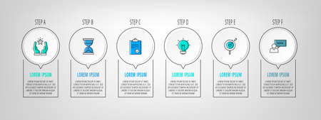 Vector infographic circles with 6 steps, arrows. Line template used for diagram, web, workflow layout, presentations, info graph, timeline, levels, chart, processes diagram. Data visualization.のイラスト素材
