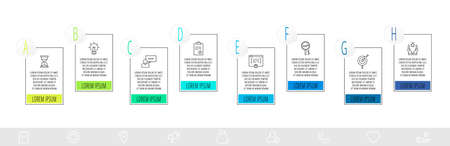 Thin line infographic template with 8 steps, labels. Modern business concept infographics with circles for diagram, web, workflow layout, presentations, flow chart, info graph, timeline, content.のイラスト素材