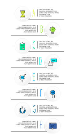 Infographics circles with 8 steps, icons. Flat line vector template. Can be used for eight diagrams, business, web, banner, workflow layout, presentations, flowchart, info graph, timeline, contentのイラスト素材
