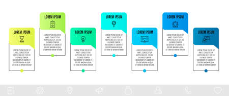 Line vector infographic design with 7 dialogs, icons. Template used for diagram, business, web, workflow layout, presentations, info graph, timeline, content, levels, chart, processes diagramのイラスト素材