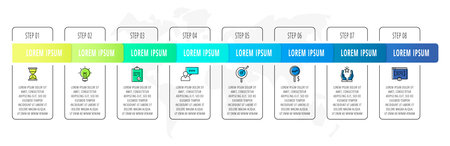 Vector infographic design with 8 rectangles with labels. Flat template used for diagram, web, banner, workflow layout, presentations, flowchart, info graph, levels, chart, processes diagramのイラスト素材