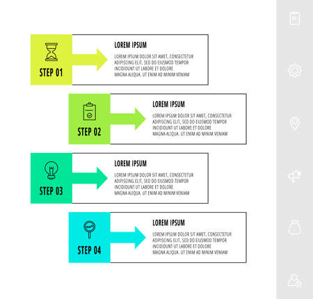 Vector infographic design with 4 rectangles with arrows. Flat template used for diagram, business, flowchart, info graph, timeline, content, levels, chart, processes diagram. Data visualization.のイラスト素材