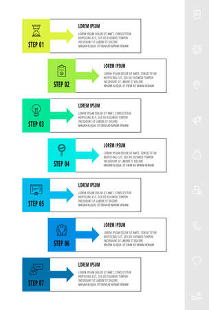 Vector infographic design with 7 rectangles with arrows. Flat template used for flowchart, info graph, timeline, content, levels, chart, processes diagram. Data visualization.のイラスト素材