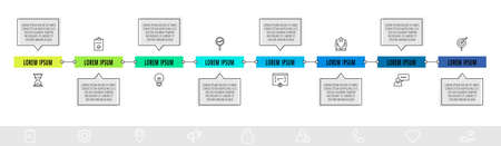 Vector infographic design with eight boxes with arrows and icons. Flat template used for diagram, web, banner, workflow layout, presentations, flowchart, info graph, levels, chart, processes diagramのイラスト素材