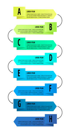 Vector infographic design with 8 rectangles with arrows. Flat template used for diagram, web, banner, workflow layout, presentations, flowchart, info graph, levels, chart, processes diagramのイラスト素材
