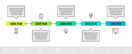 Vector infographic design with 5 boxes with arrows and icons. Flat template used for diagram, web, workflow layout, presentations, info graph, timeline, content, processes diagram. Data visualization.のイラスト素材