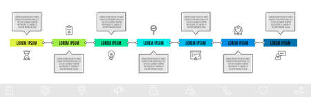 Vector infographic design with 7 boxes with arrows and icons. Flat template used for flowchart, info graph, timeline, content, levels, chart, processes diagram. Data visualization.のイラスト素材