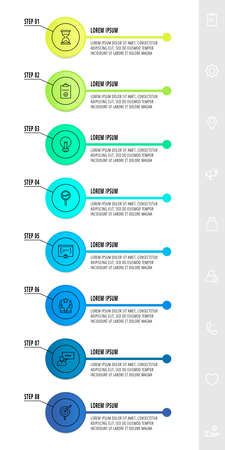 Infographics circles with 8 steps, icons. Flat line vector template. Can be used for eight diagrams, business, web, banner, workflow layout, presentations, flowchart, info graph, timeline, contentのイラスト素材