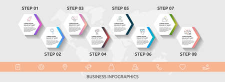 Vector business infographics. Timeline modern with 8 hexagons, arrows. Modern design for flowchart, timeline, web, graph, presentationのイラスト素材