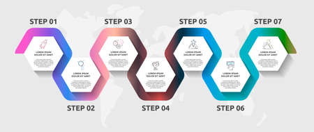 Vector infographic template hexagons for seven icons, diagram, graph, presentation. Business concept with 7 steps. For content, timeline, workflow, banner, marketing, banner, levels, web, chartのイラスト素材