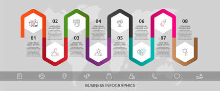 Vector infographic template hexagons for eight icons, diagram, graph, presentation. Business concept with 8 steps. For content, flowchart, timeline, workflow, banner, marketing, banner, levels, webのイラスト素材