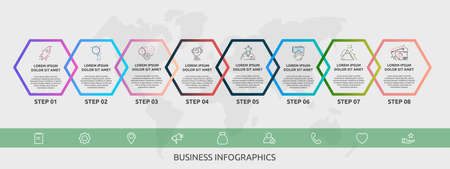 Vector infographic line template hexagons for eight icons, diagram, graph, presentation. Business concept with 8 steps. For content, flowchart, timeline, workflow, marketing, banner, levels, webのイラスト素材