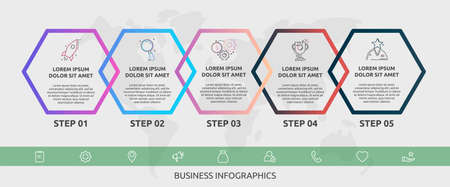Vector infographic line hexagons for five icons, diagram, graph, presentation. Business concept with 5 steps. For content, flowchart, workflow, banner, marketing, banner, levels, web, chartのイラスト素材
