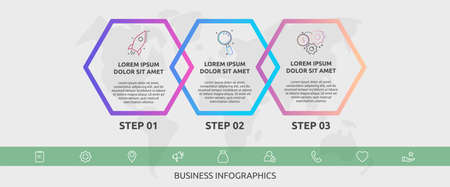 Vector infographic line template hexagons for three icons, diagram, graph, presentation. Business concept with 3 steps. For content, timeline, workflow, banner, marketing, levels, web, chartのイラスト素材